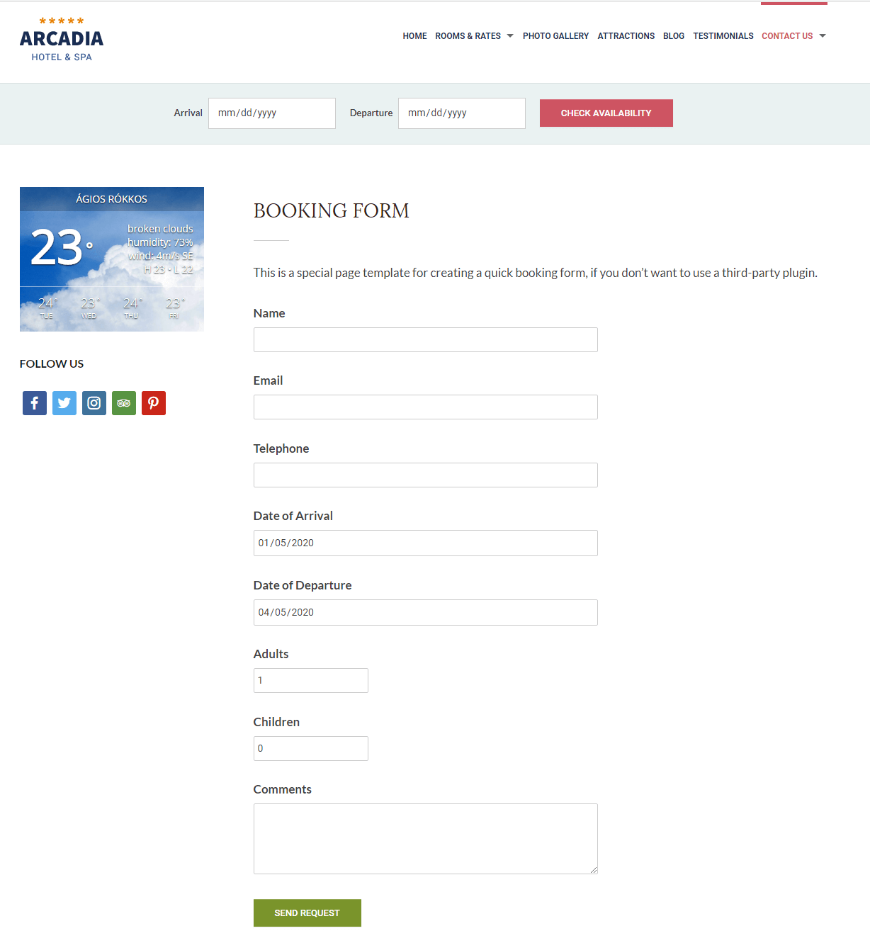 Arcadia Theme Reservation Form