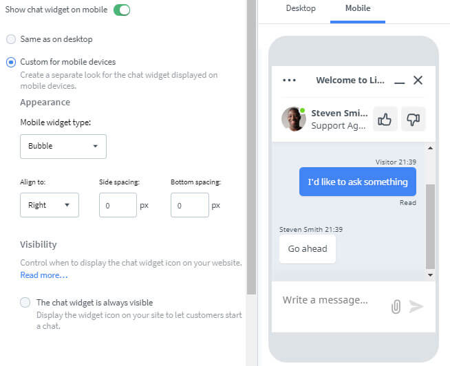 livechat customization for smartphones