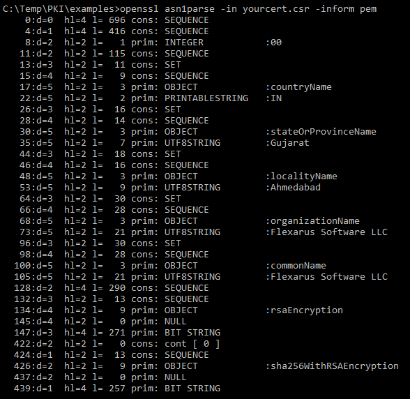 parse certificate request (csr) using openssl asn1parse